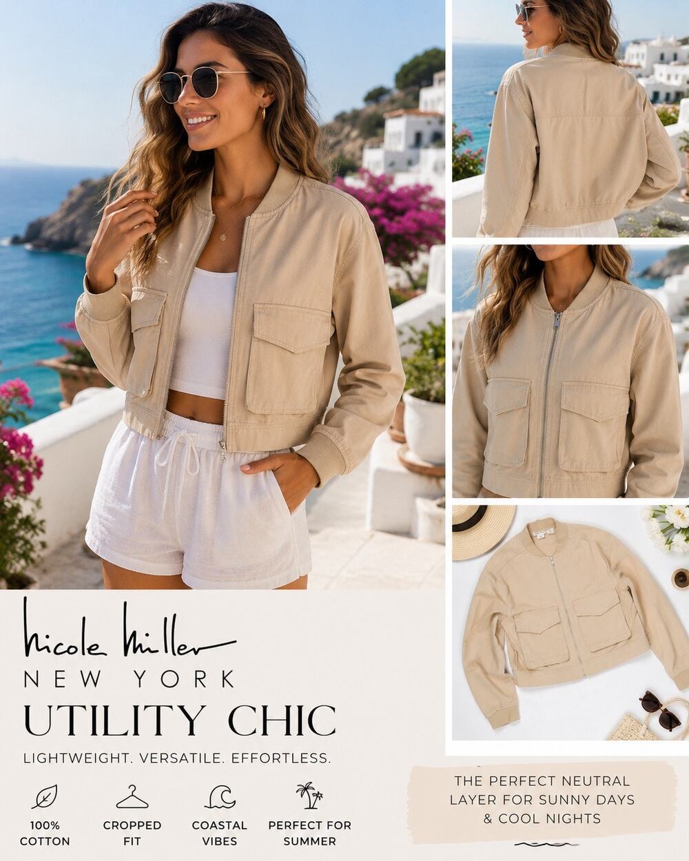Nicole Miller New York Cropped Utility Bomber Jacket Beige Minimalist Capsule S